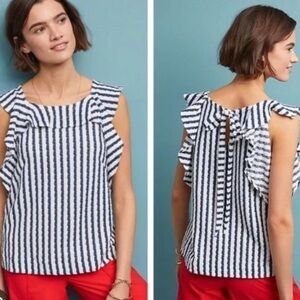 Eva Franco Anthropologie Nautical Striped Ruffle Accent Tie Back Tank Top Small